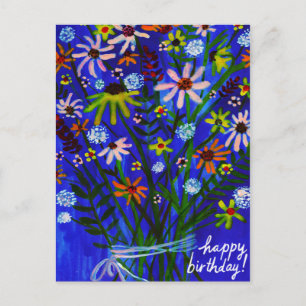 Cartão Postal Buquê Colorido de Margaridas Azul Aniversário Colo