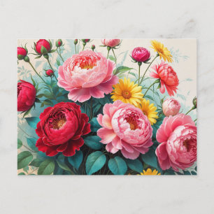 Cartão Postal Buquê Colorido de Rosas Antigas e Peônias