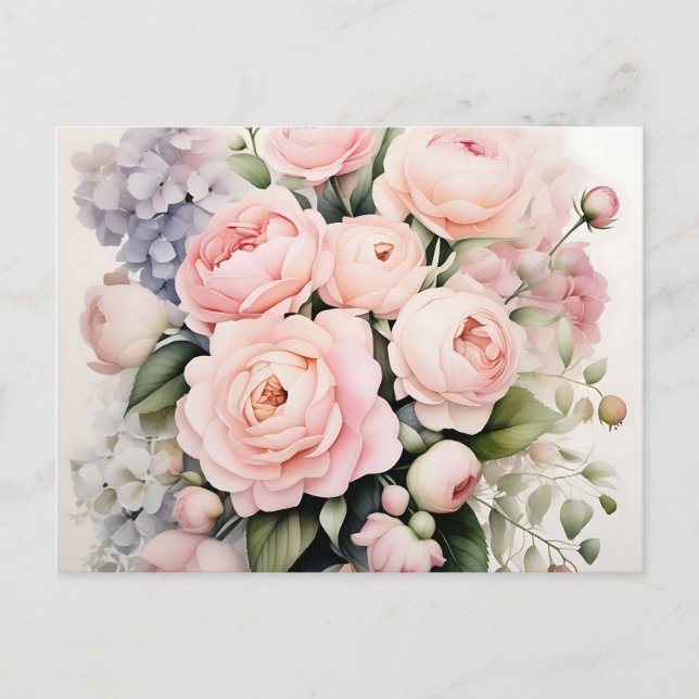 Cartão Postal Buquê de Aquarela Suave com Peonies Rosas (Frente)