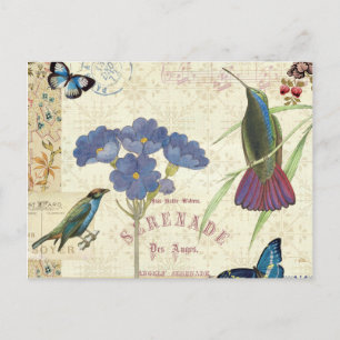 Cartão Postal Buquê de flores, aves e borboletas