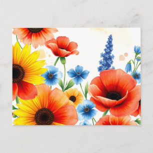 Cartão Postal Buquê de Flores de Aquarela Vibrante com Girassóis