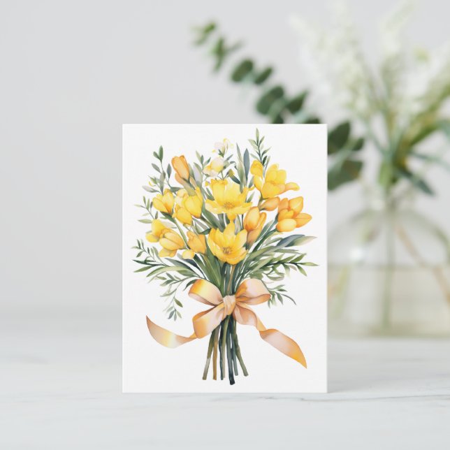 Cartão Postal Buquê de Flores de Freesia Amarela (Em pé/Frente)