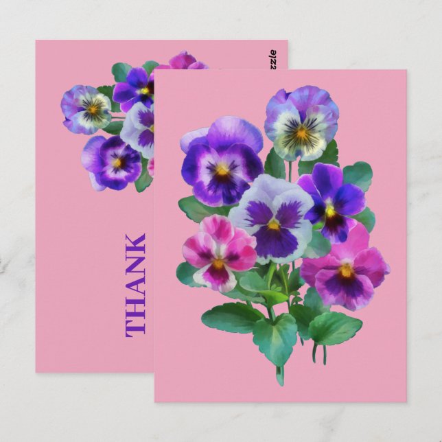 Cartão Postal Buquê de Flores de Pansy Violets OBRIGADO (Frente/Verso)