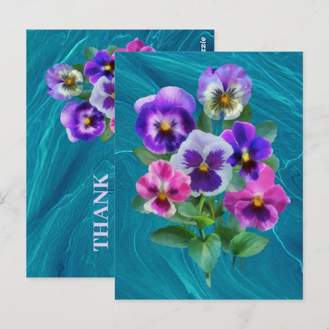 Cartão Postal Buquê de Flores de Pansy Violets OBRIGADO (Frente/Verso)