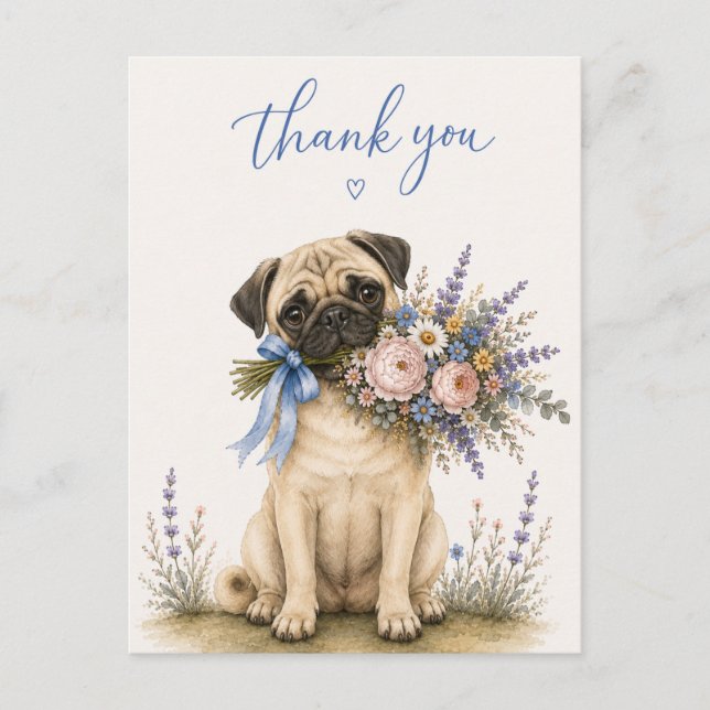 Cartão Postal Buquê de Flores Pug Obrigado (Frente)