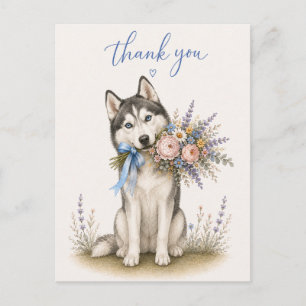Cartão Postal Buquê de Flores Siberian Husky Obrigado