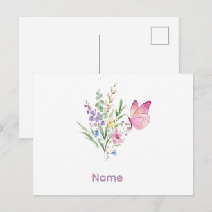 Cartão Postal Buquê de Flores Silvestres em Aquarela com Borbole