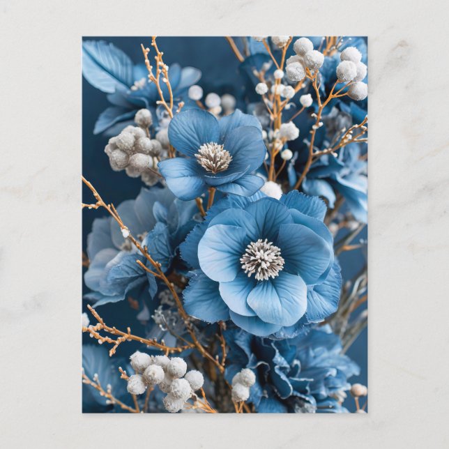 Cartão Postal Buquê de Inverno em Azul e Branco (Frente)