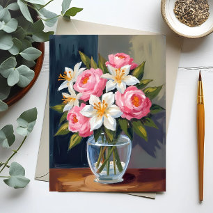 Cartão Postal Buquê de Lírio e Rosa   Vaso de Aquarela Floral