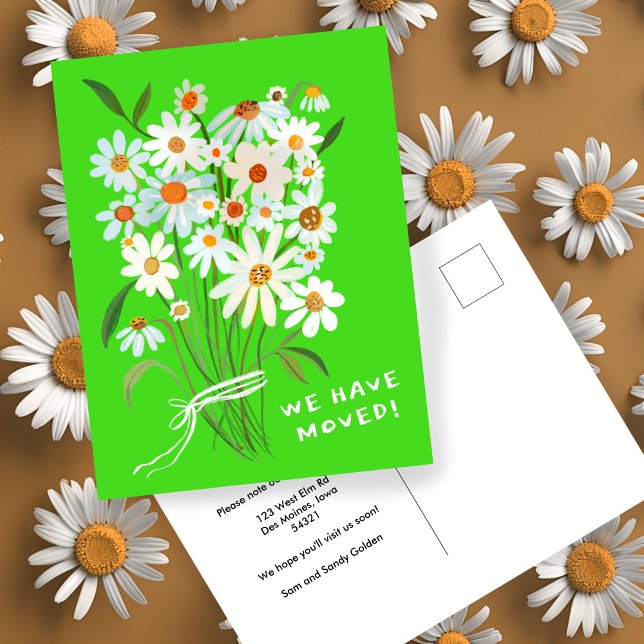 Cartão Postal BUQUÊ de margarida cômoda MOVENDO ANÚNCIO Pintado (MOVING ANNOUNCEMENT Cute Daisy Bouquet Handpainted Lime Neon Postcard
)