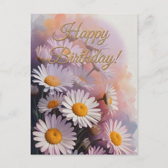 Cartão Postal Buquê de Margarida de Aniversário Golden Script (Frente)