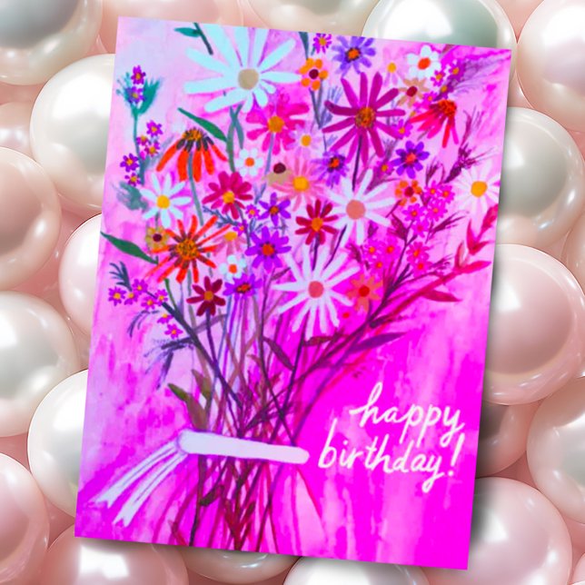Cartão Postal Buquê de margarida feliz aniversário roxo (Colorful pink purple watercolor hand painted daisy wildflower bouquet custom birthday postcard)