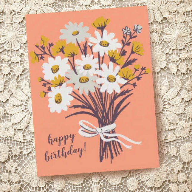 Cartão Postal Buquê de Margaridas Bonito ANIVERSÁRIO Personaliza (Happy birthday postcard with hand drawn floral bouquet, customize with your own text)