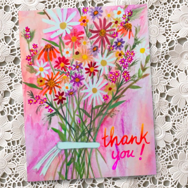 Cartão Postal Buquê de Margaridas Colorido Obrigado (Pretty watercolor wildflower daisy bouquet custom thank you card)