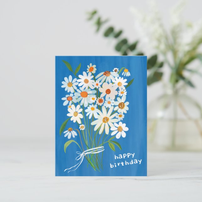Cartão Postal Buquê de Margaridas Feliz Aniversário Pintado à Mã (Em pé/Frente)