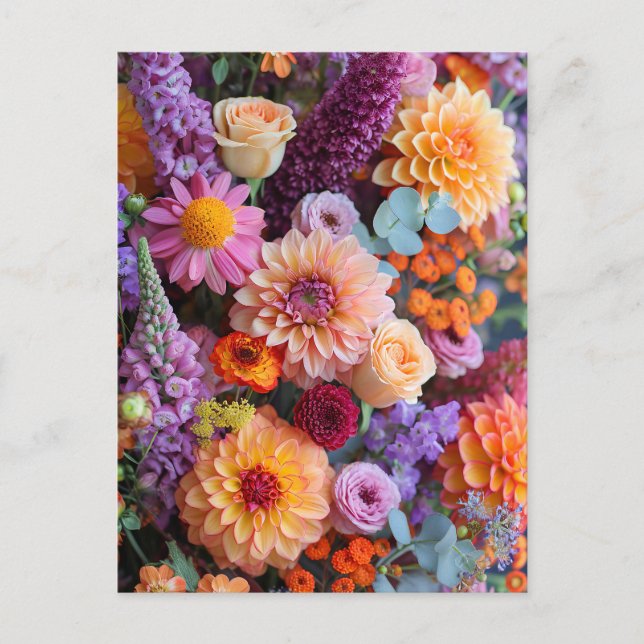 Cartão Postal Buquê de Outono com Dahlia, Freesia e Gerbera (Frente)
