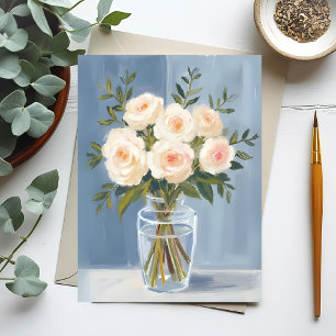 Cartão Postal Buquê de Rosa Branca Floral em Aquarela Elegante