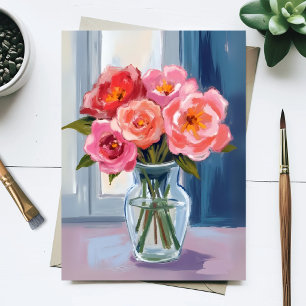 Cartão Postal Buquê de Rosa Rosa Vaso de Vidro Floral Romântico