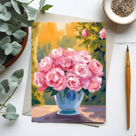 Cartão Postal Buquê de Rosa Rosa | Vaso Floral de Aquarela