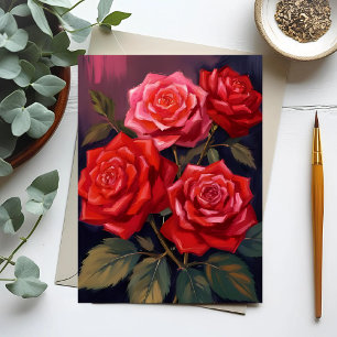 Cartão Postal Buquê de Rosas Pintura em Aquarela Floral Vermel