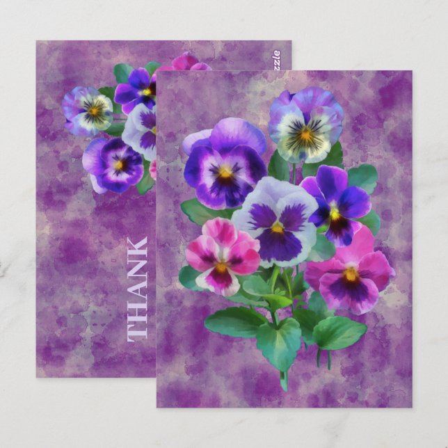 Cartão Postal Buquê de Violetas Flores Amor-Perfeito OBRIGADO (Frente/Verso)
