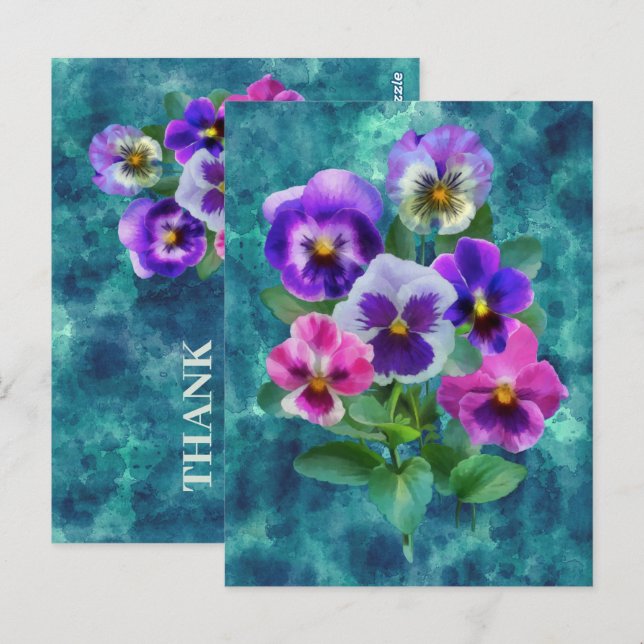 Cartão Postal Buquê de Violetas Flores de Pensamento OBRIGADO (Frente/Verso)