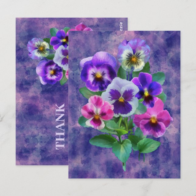 Cartão Postal Buquê de Violetas Flores Pansy OBRIGADO (Frente/Verso)