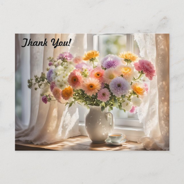Cartão Postal Buquê e Chávena de Chá pela Manhã (Frente)