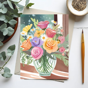 Cartão Postal Buquê Floral de Primavera   Aquarela de Vaso de Fl