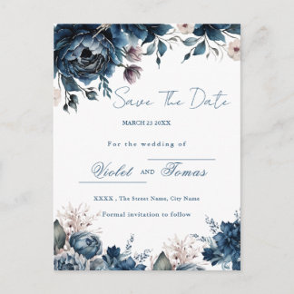 Cartão Postal Buquê floral em aquarela azul marinho Save The Dat