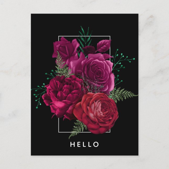 Cartão Postal Buquê Floral Rosa Magenta Elegante Olá (Frente)