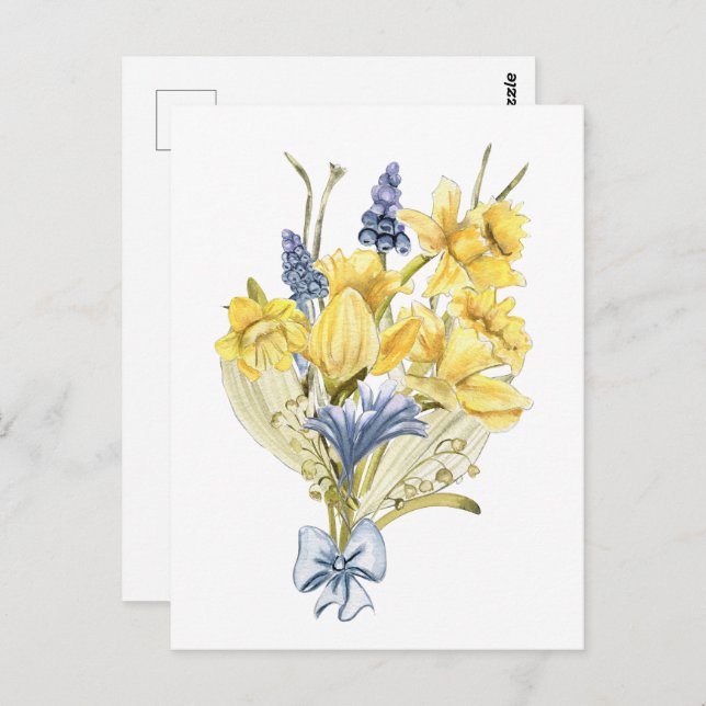 Cartão Postal Buquê Primavera de Aquarela com Daffodils Amarelos (Frente/Verso)