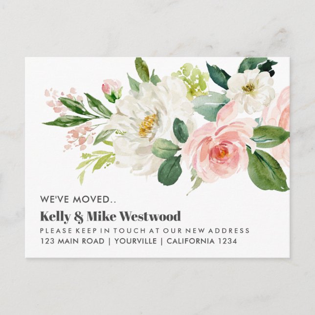 Cartão Postal Buquê rosa Mudamos o novo endereço Nova Casa (Frente)