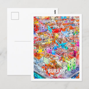 Cartão Postal Burano Itália Local de Viagem Famoso Aquarela