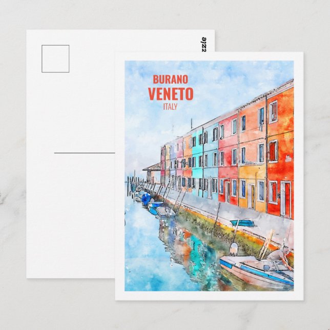 Cartão Postal Burano Veneto Itália Familiar Viagem Watercolor (Frente/Verso)