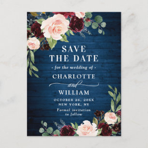Cartão Postal Burgundy Blue Blush Rustic Weding Date