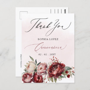 Cartão Postal Burgundy Blush Floral Quinceañera Obrigado