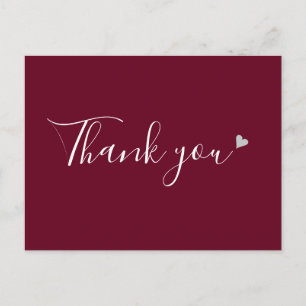 Cartão Postal Burgundy Coração de Prata Script Agradecimento Com