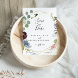 Cartão Postal Burgundy Dourada Geométrico Salvar a Data