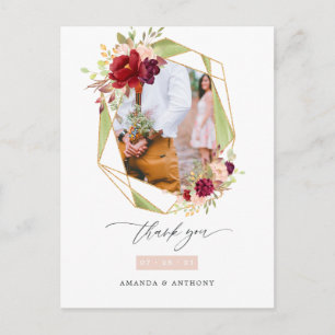Cartão Postal Burgundy e Blush Geométrico Agradecimento de Casam