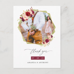 Cartão Postal Burgundy e Blush Geométrico Casamento Obrigado