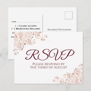 Cartão Postal Burgundy e Rose Gold Lace Branco RSVP Casamento
