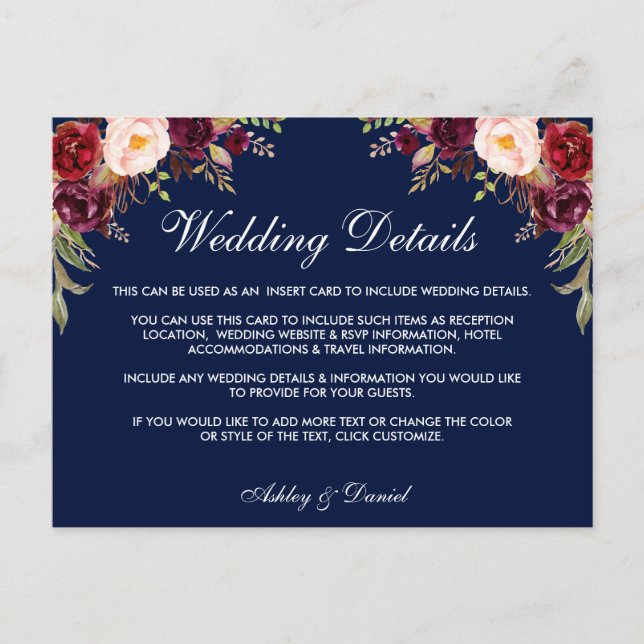 Cartão Postal Burgundy Floral Azul Detalhes do Casamento Inserir (Frente)