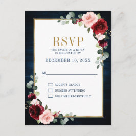 Cartão Postal Burgundy Floral Dourado Frame Marinho Blue Wedc