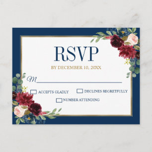 Cartão Postal Burgundy Floral Dourado Marinho Azul Casamento Rus