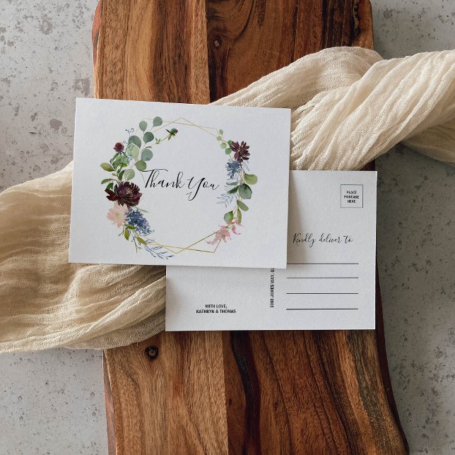 Cartão Postal Burgundy Floral e Greenery Obrigado (Criador carregado)