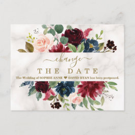 Cartão Postal Burgundy Floral Marble Wedding Adiou Novo Plano