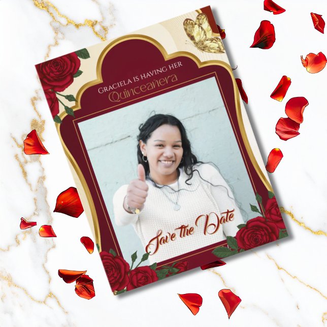 Cartão Postal Burgundy & Gold Rose Quinceañera Save the Date (Criador carregado)