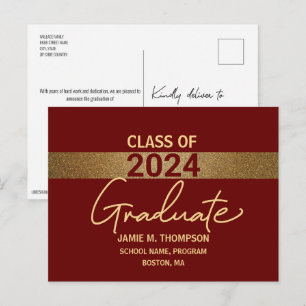 Cartão Postal Burgundy Gold Turma de Formatura da Classe de 2024
