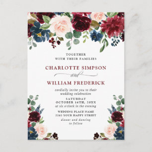 Cartão Postal Burgundy Marinho Blush Floral Casamentos